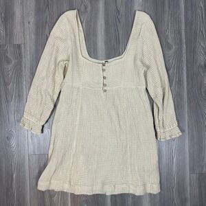 Free People Waffle Knit Long Sleeve Babydoll Mini Dress - SIZE M Cottage Fall
